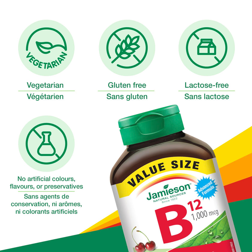 Jamieson Vitamin B12 Methylcobalamin 1,000 mcg, Fast Dissolving, Faster Acting, Naturally Energizing, and Supports Metabolism. Vegetarian, Gluten-Free, Natural Wild Cherry Flavour, 150 Sublingual Tablets, Proudly Canadian 🍁 All In One Marketplace Canada