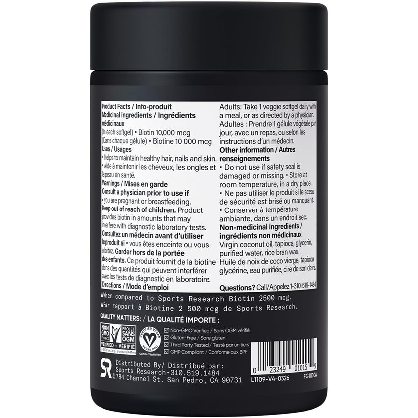 Sports Research® Max Strength Vegan Biotin 10,000mcg with Organic Coconut Oil - Helps to Maintain Healthy Hair, Nails and Skin - Great for Women & Men - 120 Veggie Softgels 🍁 All In One Marketplace Canada