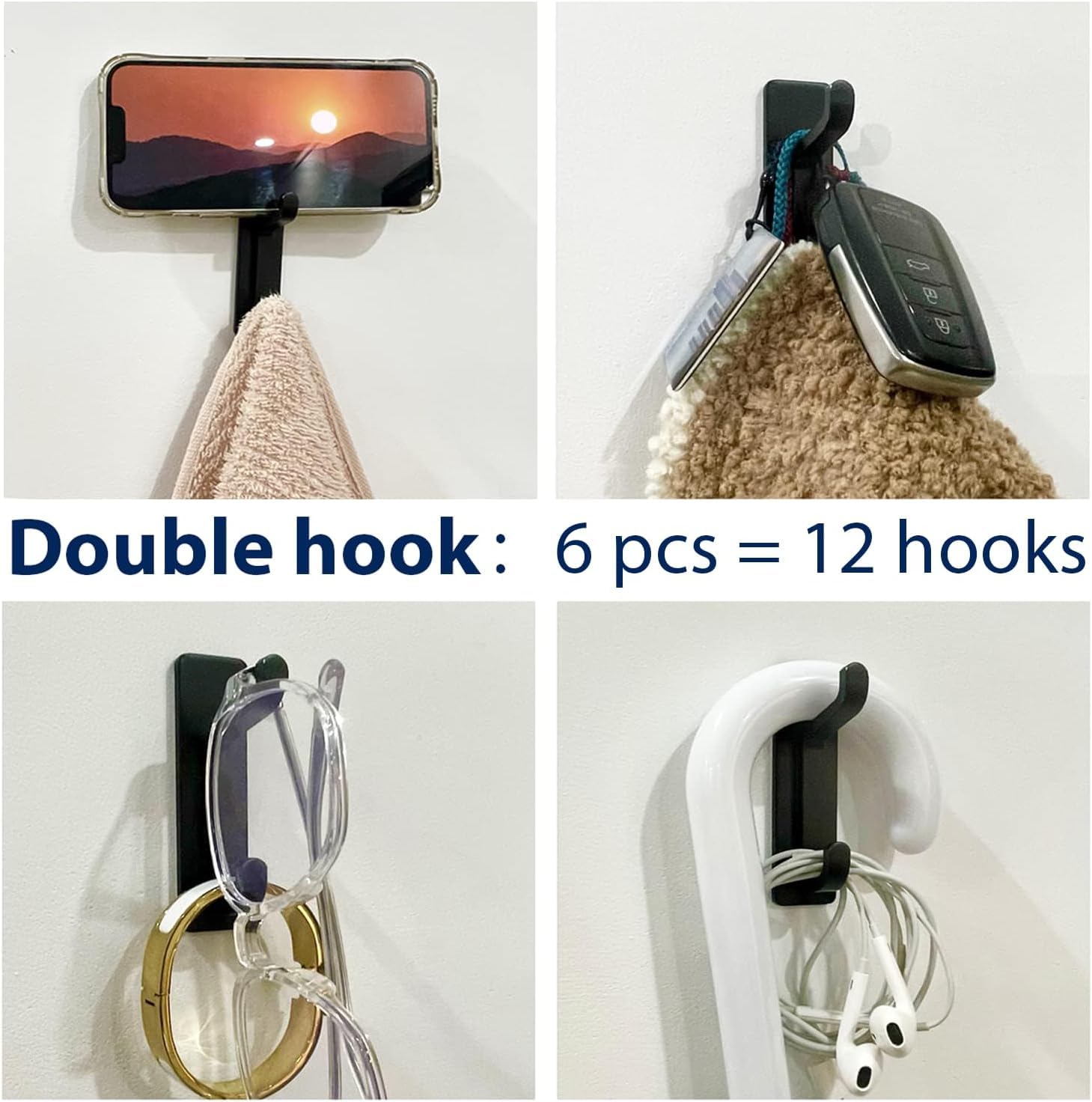 Self Adhesive Hooks for Hanging, Waterproof Towel Hook for Bathroom, Black Wall Hanger for Shower, Coat, Door, Robe, Sticky and Heavy Duty, 6-Pack 🍁 All In One Marketplace Canada
