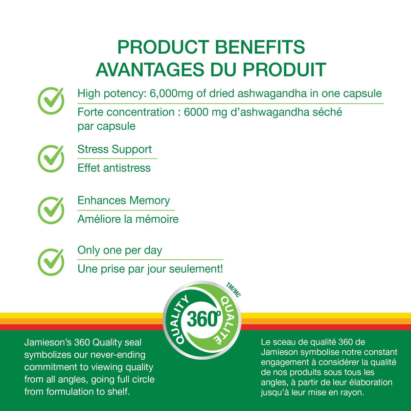 Jamieson High-Potency Ashwagandha 6,000 mg, Increases Resistance to Stress, Adaptogen, and Enhances Memory. Non-GMO, Vegetarian, Gluten-Free, Only One Per Day, 60 Capsules 🍁 All In One Marketplace Canada