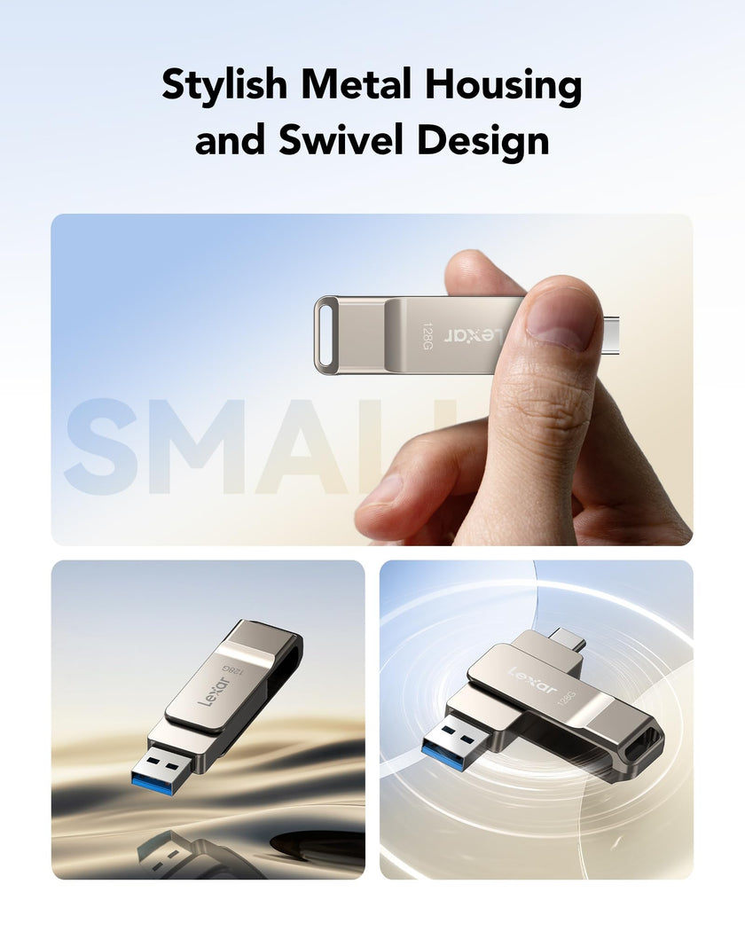 Lexar D40E 128GB Dual USB 3.2 Gen 1 Type-C Jump Drive, USB-C Flash Metal Housing Swivel Design Thumb Drive (Champagne Silver) 🍁 All In One Marketplace Canada