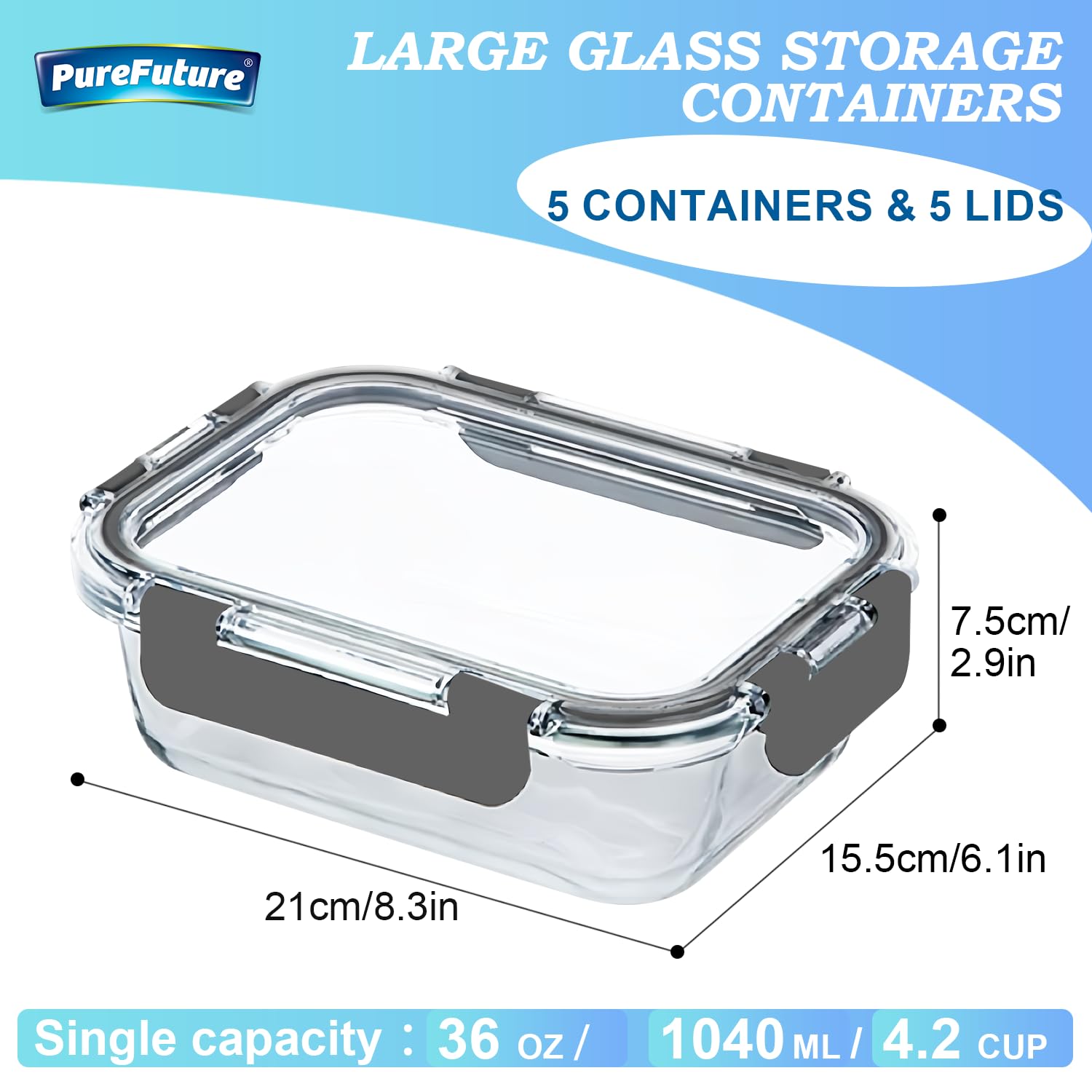 Pure Future 10-Piece Set (5-Pack, 36oz) Borosilicate Glass Food Storage Containers with Upgraded Detachable Locking Lids - Leak Proof Meal Prep Lunch Boxes, Oven/Microwave Safe 🍁 All In One Marketplace Canada