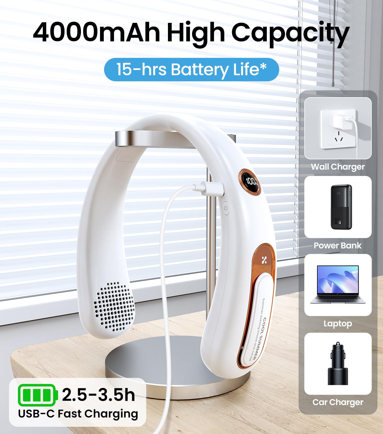 Neck Fan, Hands Free Bladeless Portable Neck Fan, 4000mAh USB Rechargeable Battery Fan, 3 Speed Personal Cooling Fan with 360° Airflow - for Hot Flashes Home Office Travel Outdoor Sports (White) 🍁 All In One Marketplace Canada