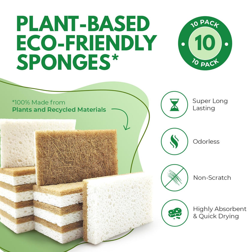 AIRNEX 10 Pack Biodegradable Natural Kitchen Sponges - Eco Friendly Cellulose and Coconut Dish Scrubbers - Odourless, Non Scratch, Dual Sided Multipurpose Sponges 🍁 All In One Marketplace Canada