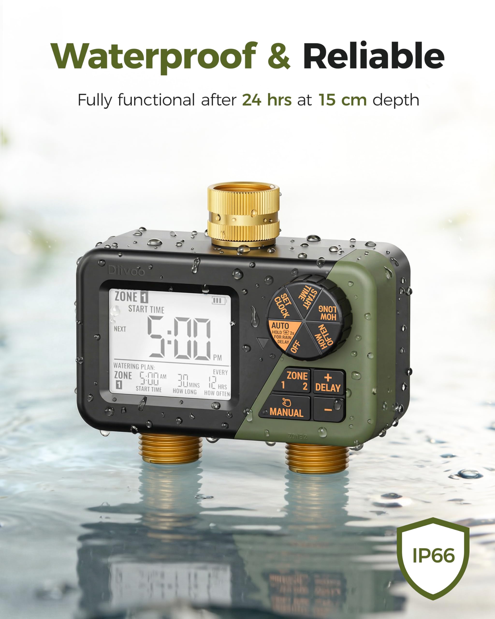Diivoo 2 Zone Water Timer for Garden Hose, Programmable Sprinkler Hose Timer with Brass Inlet & Outlet, IP66 Waterproof, Rain Delay & Manual Mode for Irrigation, Lawn, Yard 🍁 All In One Marketplace Canada