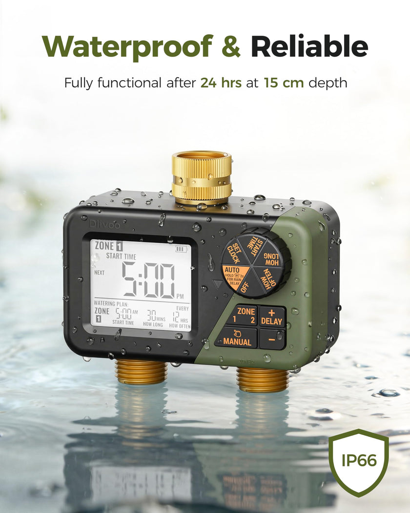 Diivoo 2 Zone Water Timer for Garden Hose, Programmable Sprinkler Hose Timer with Brass Inlet & Outlet, IP66 Waterproof, Rain Delay & Manual Mode for Irrigation, Lawn, Yard 🍁 All In One Marketplace Canada