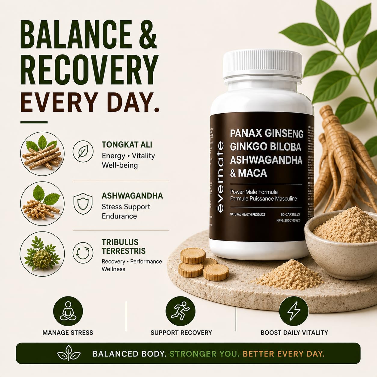 ONE Maca, Ginkgo Biloba, Panax Ginseng, Tribulus, Tongkat Ali, L-Arginine & Ashwagandha – Energy, Stamina, Endurance & Vitality Support – Made in Canada 🍁 All In One Marketplace Canada
