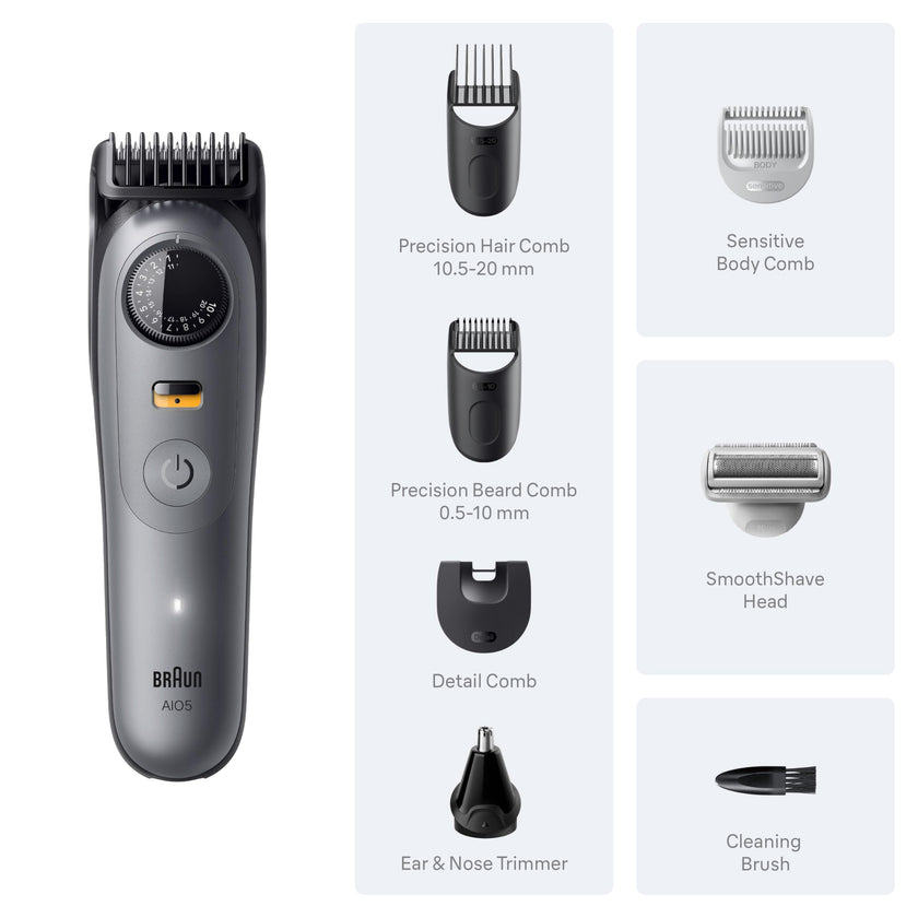 Braun All-in-One Series 5 Trimmer Kit, 40 Lengths, Ultra Sharp Blade, AIO 5510, Moonstone Grey 🍁 All In One Marketplace Canada