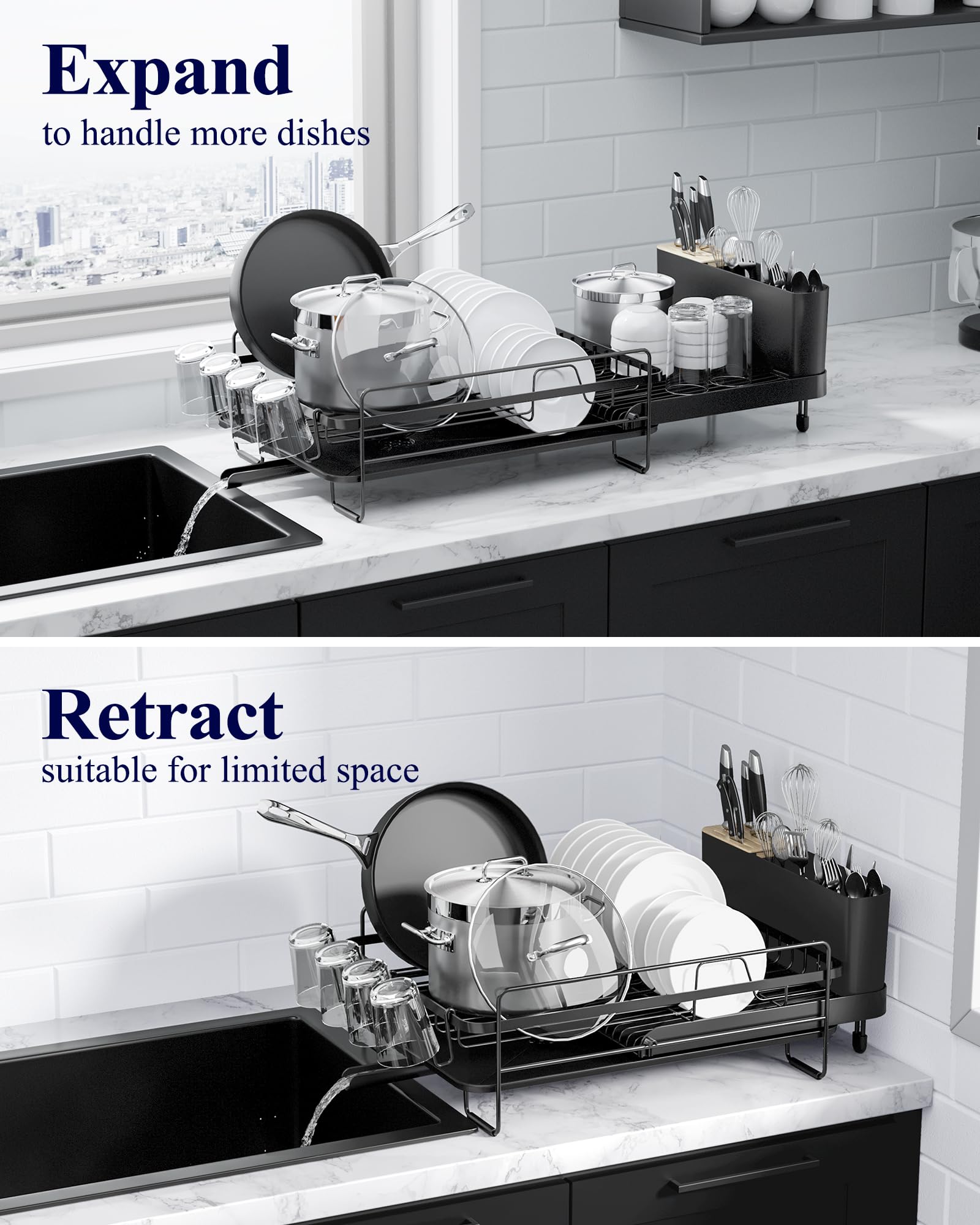 Kitsure Large Dish Drying Rack - Extendable Stainless Steel, Anti-Rust Kitchen Counter Rack with Cutlery & Cup Holders, 67.8 x 32.8 x 15.0cm, Black 🍁 All In One Marketplace Canada