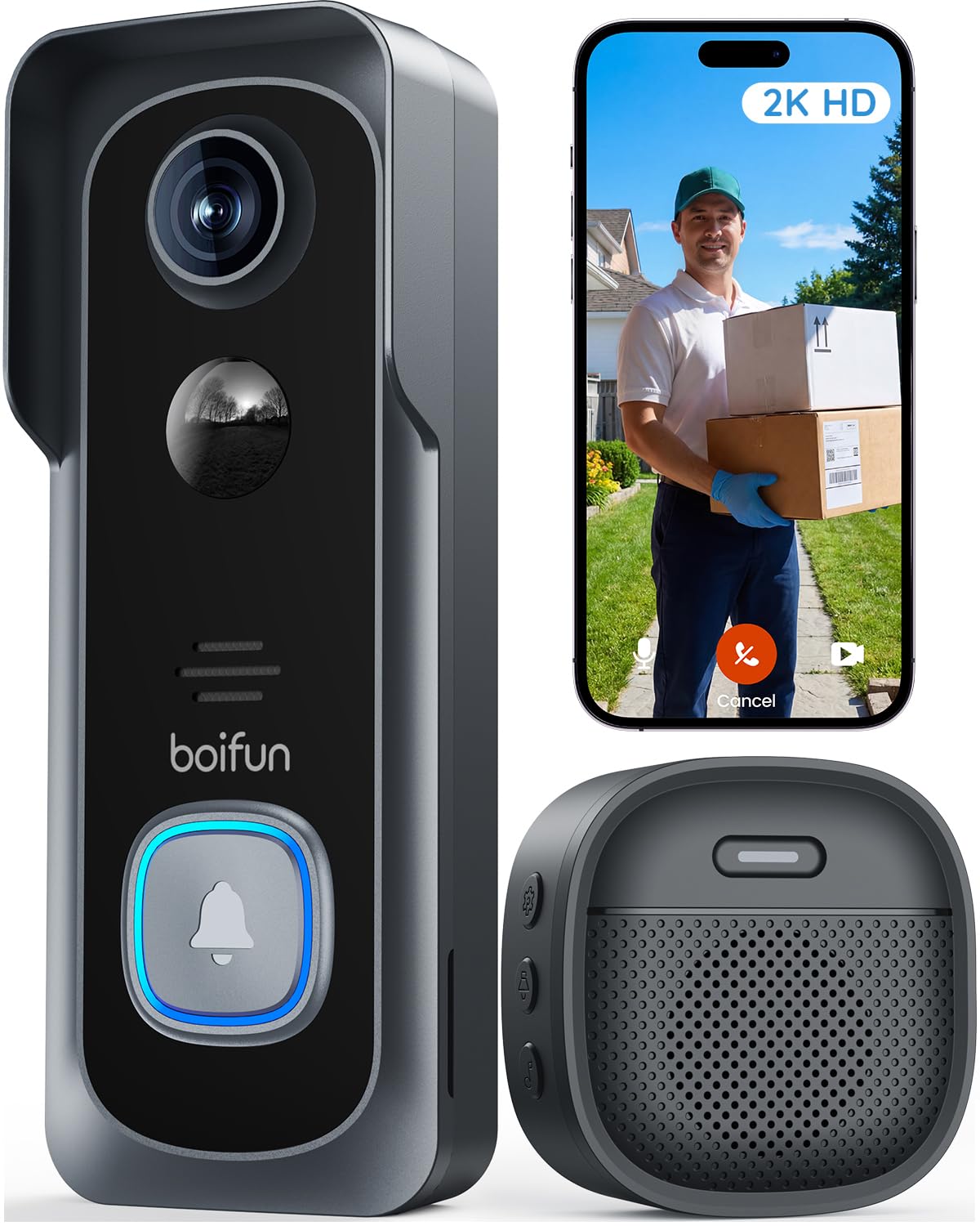 BOIFUN Video Doorbell Camera Wireless – No Subscription Required, 2K HD, 166° Wide View, HDR Night Vision, Motion Alerts, Two-Way Audio & Package Watch with Chime, Battery Powered, 2.4 GHz Wi-Fi Only 🍁 All In One Marketplace Canada