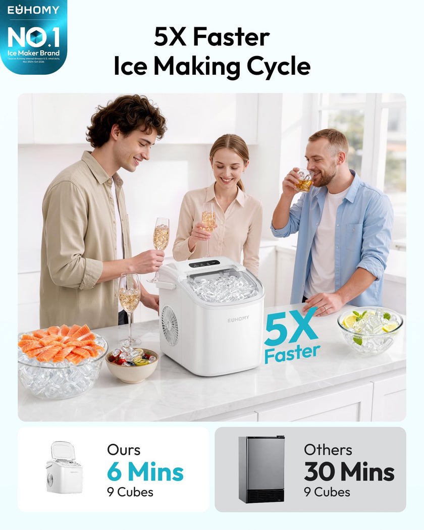 EUHOMY Countertop Ice Maker Machine with Handle, 26lbs Per Day, 9 Ice Cubes Ready in 6 Mins, Auto-Cleaning Portable Ice Maker with Basket and Scoop, for Home/Kitchen/Camping/RV (White) 🍁 All In One Marketplace Canada