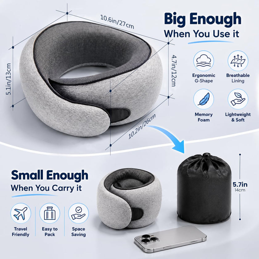 Purroch Neck Pillow Airplane, Travel Pillow with Eye Mask & Earplugs, Memory Foam Pillow with Adjustable Velcro Strap, Pillows for Travel, Plane, Car, Home, Work, Light Grey 🍁 All In One Marketplace Canada
