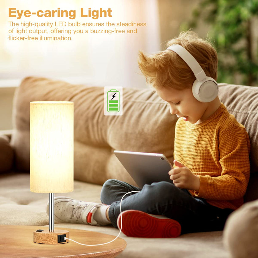 Fenmzee Bedside Table Lamp for Bedroom - 3 Way Dimmable Touch Lamp USB C Charging Ports and AC Outlet, Small Lamp Wood Base Round Flaxen Fabric Shade for Living Room, Desk, LED Bulb Included 🍁 All In One Marketplace Canada