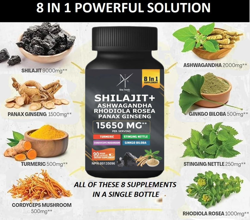 8-in-1 Shilajit Himalayan Organic Supplement with Shilajit 9000, Ashwagandha 2000MG, Rhodiola Rosea 1000MG, Panax Ginseng 1500MG, Cordyceps Mushroom 500MG, Gingko Biloba 500MG, Stinging Nettle 250MG, Turmeric (15,250 MG - 90 Caps)