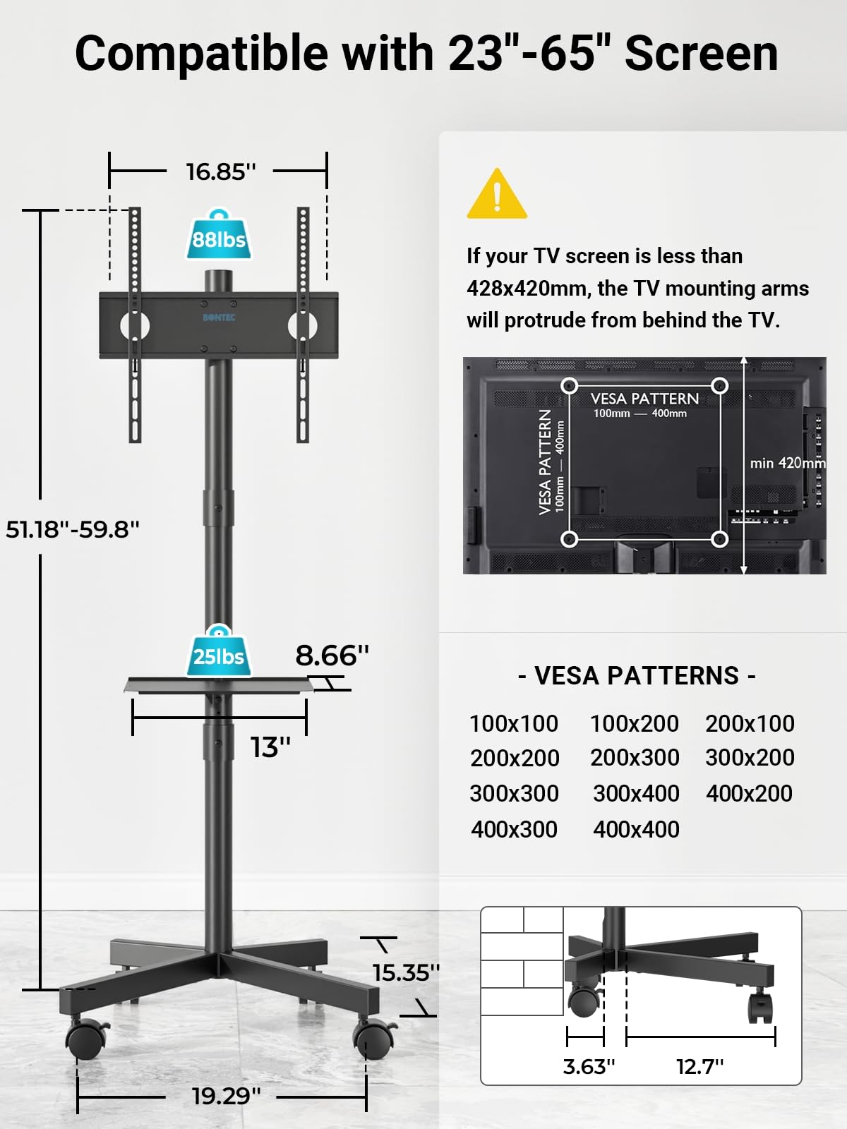 BONTEC Mobile TV Stand, Rolling TV Stand for 23-60 Inch Screens, Adjustable Floor TV Stand with Locking Wheels and Media Shelf, Compatible with VESA 100x100mm to 400x400mm, Holds up to 88 lbs, Black 🍁 All In One Marketplace Canada