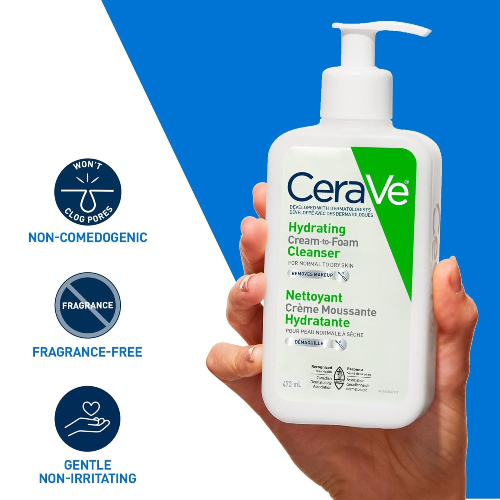 CeraVe Hydrating Cream-to-Foam Face Wash for Normal to Dry Skin, Face Cleanser with Hyaluronic Acid, Amino Acids & Ceramides, Gently Cleanses Skin, Fragrance-Free, Recommended by Dermatologists, 473mL 🍁 All In One Marketplace Canada
