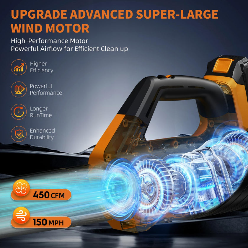 2026 Upgrade Leaf Blower, Leaf Blower Cordless with 2*2.6AH Batteries and Fast Charger, 450CFM &150MPH and 2 Speed Mode, Lightweight Electric Leaf Blowers for Lawn,Yard, Leaves, Dust,Snow Care(Orange) 🍁 All In One Marketplace Canada
