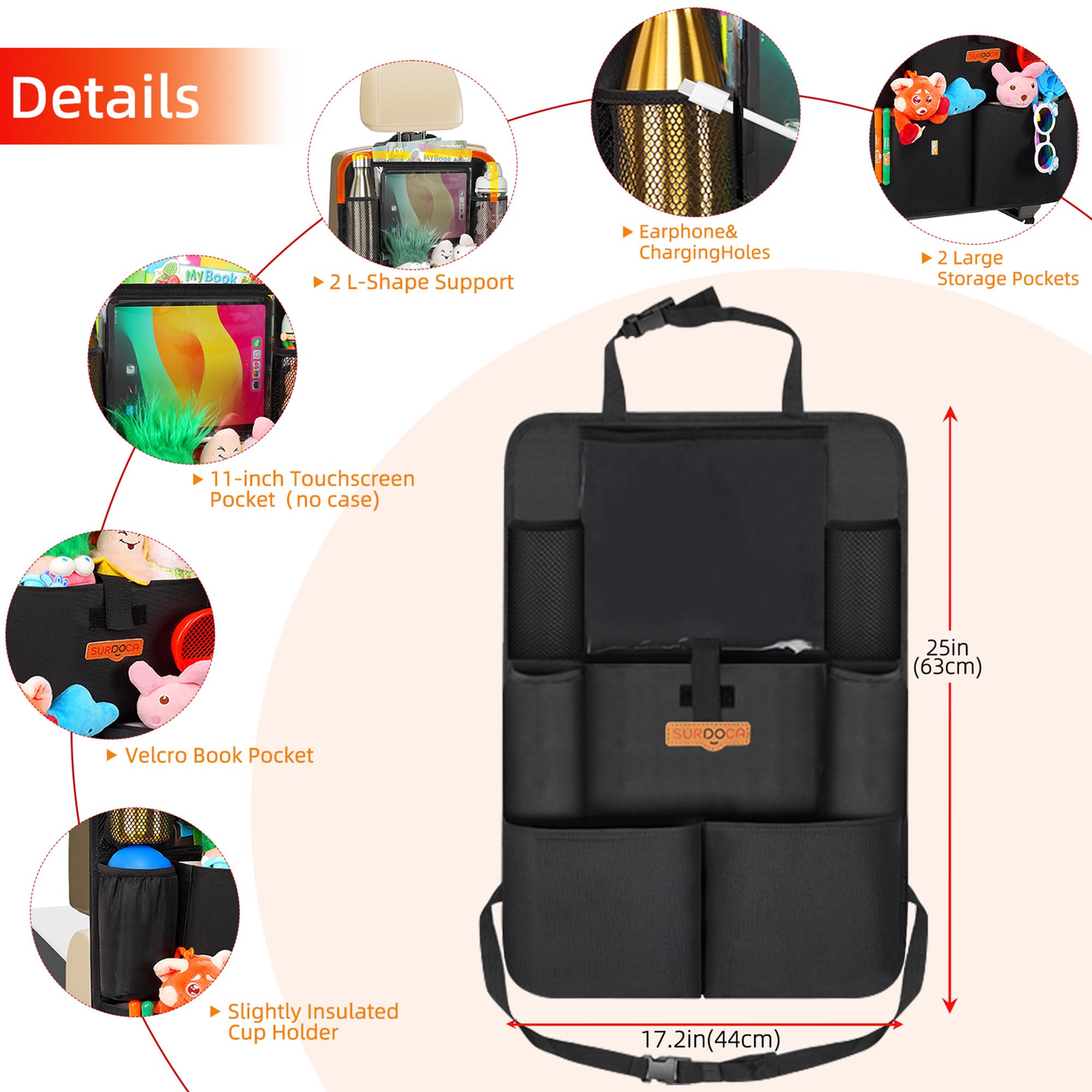 SURDOCA Car Seat Organizer with 11Inch Tablet Holder,8 Pockets,4th Gen Road Trip Essentials for Kids,Backseat Organizer Protectors Storage Accessories 🍁 All In One Marketplace Canada