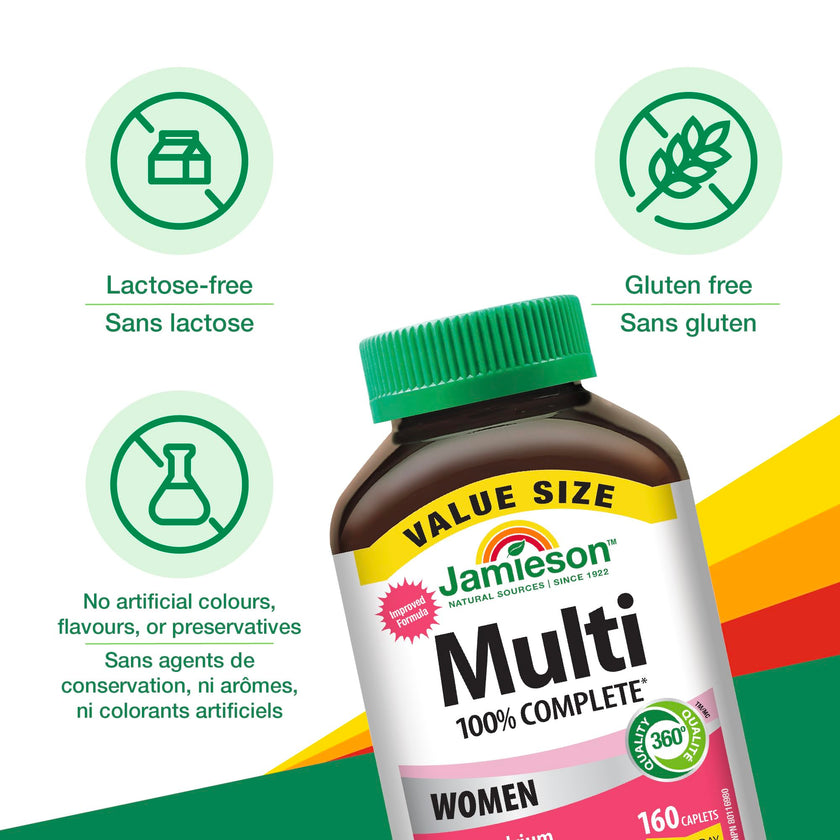 Jamieson 100% Complete Multivitamin for Women, with Cranberry, Biotin and Calcium, Supports Energy, Immunity, Everyday Health, Healthy Skin, and Bone Health, One Per Day, 160 Caplets 🍁 All In One Marketplace Canada