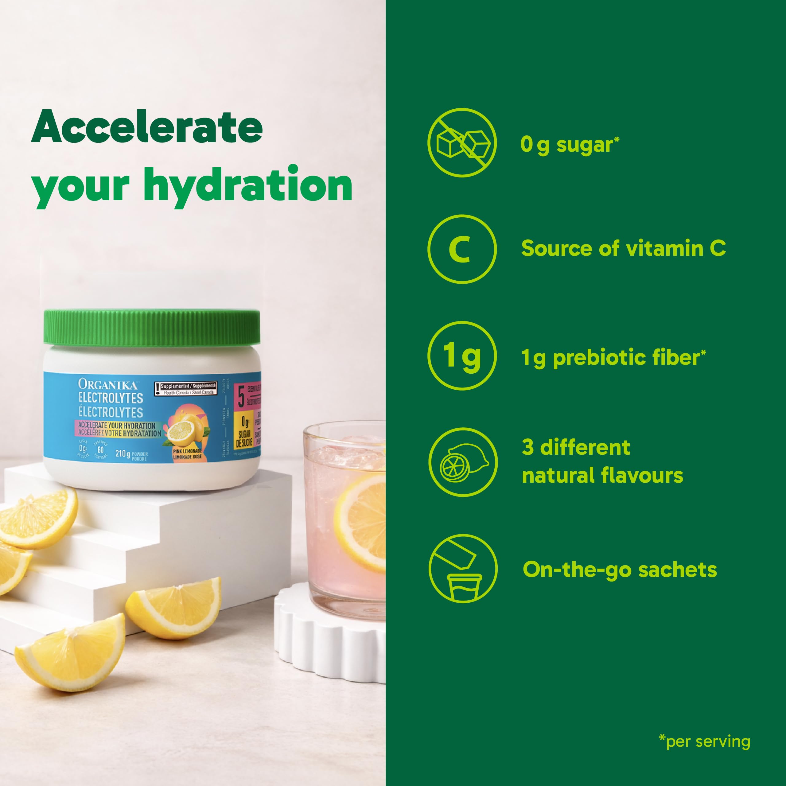 Organika Canadian-Made Electrolytes Powder with Vitamin C & Prebiotic Fibre - Sugar-Free Hydration Drink Mix - Pink Lemonade - 210 g - 60 servings 🍁 All In One Marketplace Canada