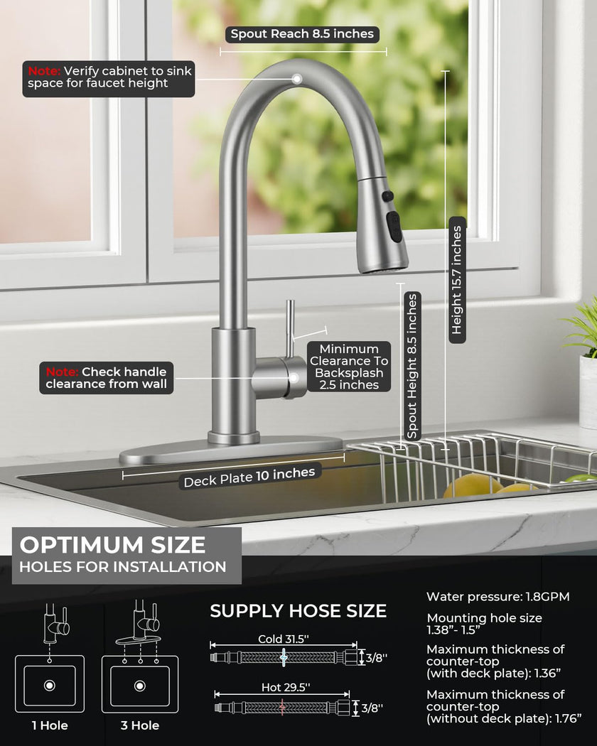 WEWE Pull-Down Kitchen Faucet with Sprayer 3 Modes, High Arc Stainless Steel with Brushed Nickel Finish, for 1 or 3 Hole Kitchen Sinks for Pot Filler, Farmhouse Bar Laundry 🍁 All In One Marketplace Canada