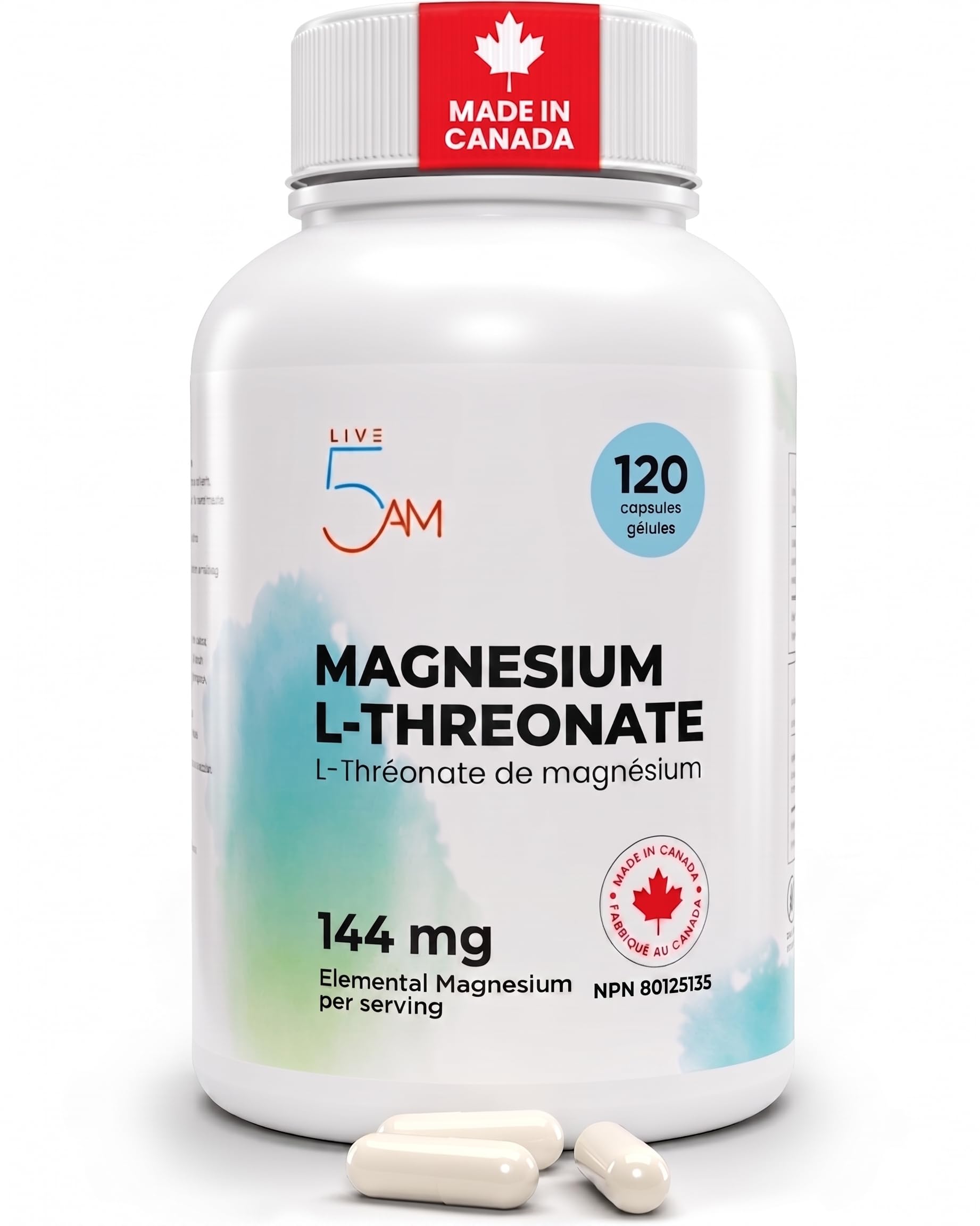 Live 5AM Magnesium L-Threonate | 144 mg Elemental Magnesium per 3 Capsules, Helps in Energy Metabolism, Bone and Teeth Maintenance, Muscle Function and Electrolyte Balance, 120 Vegan Capsules, Made in Canada 🍁 All In One Marketplace Canada