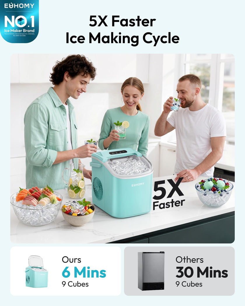 EUHOMY Countertop Ice Maker Machine with Handle, 26lbs Per Day, 9 Ice Cubes Ready in 6 Mins, Auto-Cleaning Portable Ice Maker with Basket and Scoop, for Home/Kitchen/Camping/RV (Green) 🍁 All In One Marketplace Canada