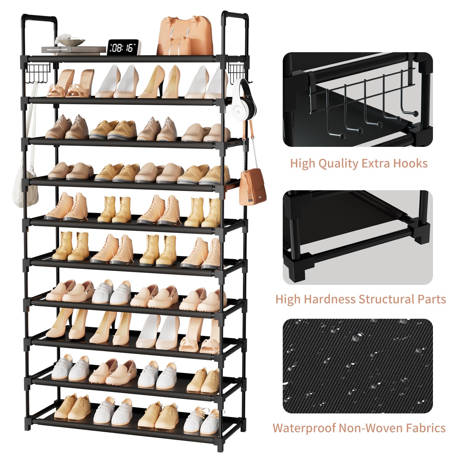 10 Tier Shoe Rack, Large Capacity Tall Shoe Storage Organizer Holds 50-55 Pairs Shoes and Boots, Vertical Shoe Shelf Cabinet with Versatile Hooks for Closet Entryway Garage Bedroom 🍁 All In One Marketplace Canada