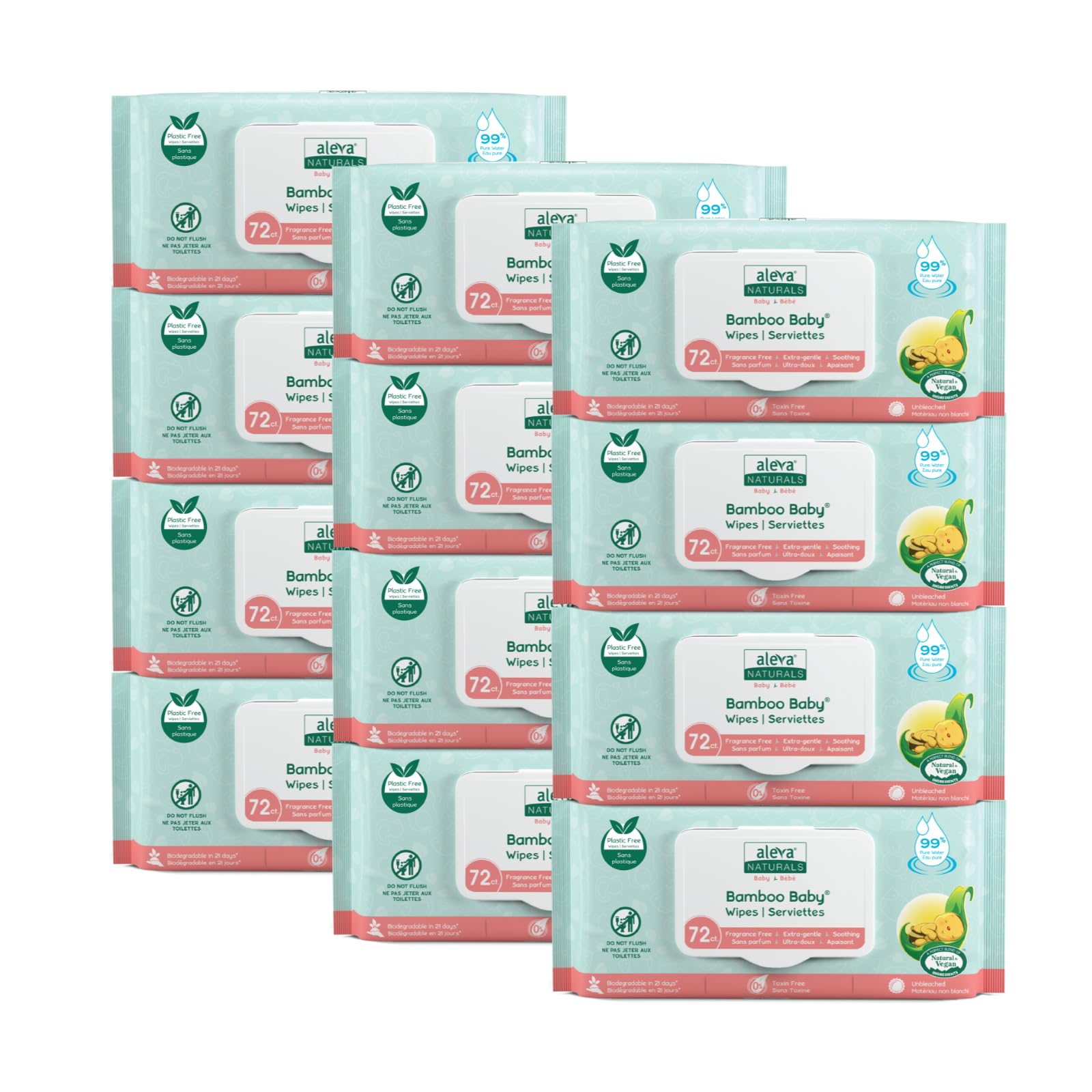 Aleva Naturals Hypoallergenic Bamboo Baby Wipes for babies with Sensitive Skin, Super Soft, Biodegradable, Extra Strong, Natural and Organic Formula, Vegan - New Eco-Friendly, Sustainable Packaging- Mega Pack- 72 Count X 12 = 864 Wipes Total