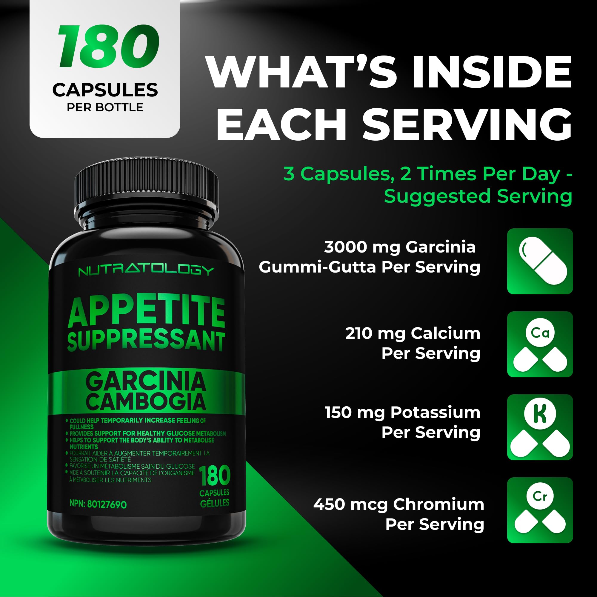 Nutratology® Garcinia Cambogia Appetite Suppressant Weight Loss For Women & Men | Canadian-Made | 500 MG Per Capsule | 60% HCA - Increase Feelings of Fullness & Maintain Blood Sugar Levels - 180 Count 🍁 All In One Marketplace Canada
