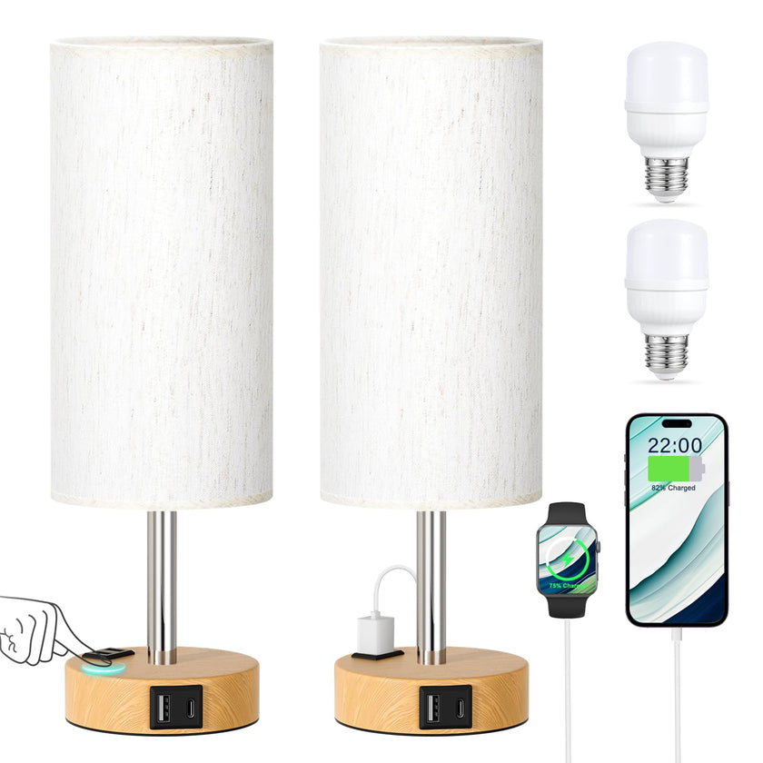 Table Lamp for Bedroom Set of 2 - Touch 3 Way Dimmable Bedside Lamps with USB C and A Ports, Night Lamp for Nightstand with AC Outlet, Desk Lamps for Living Room, Reading Room, Kids Room, Office 🍁 All In One Marketplace Canada