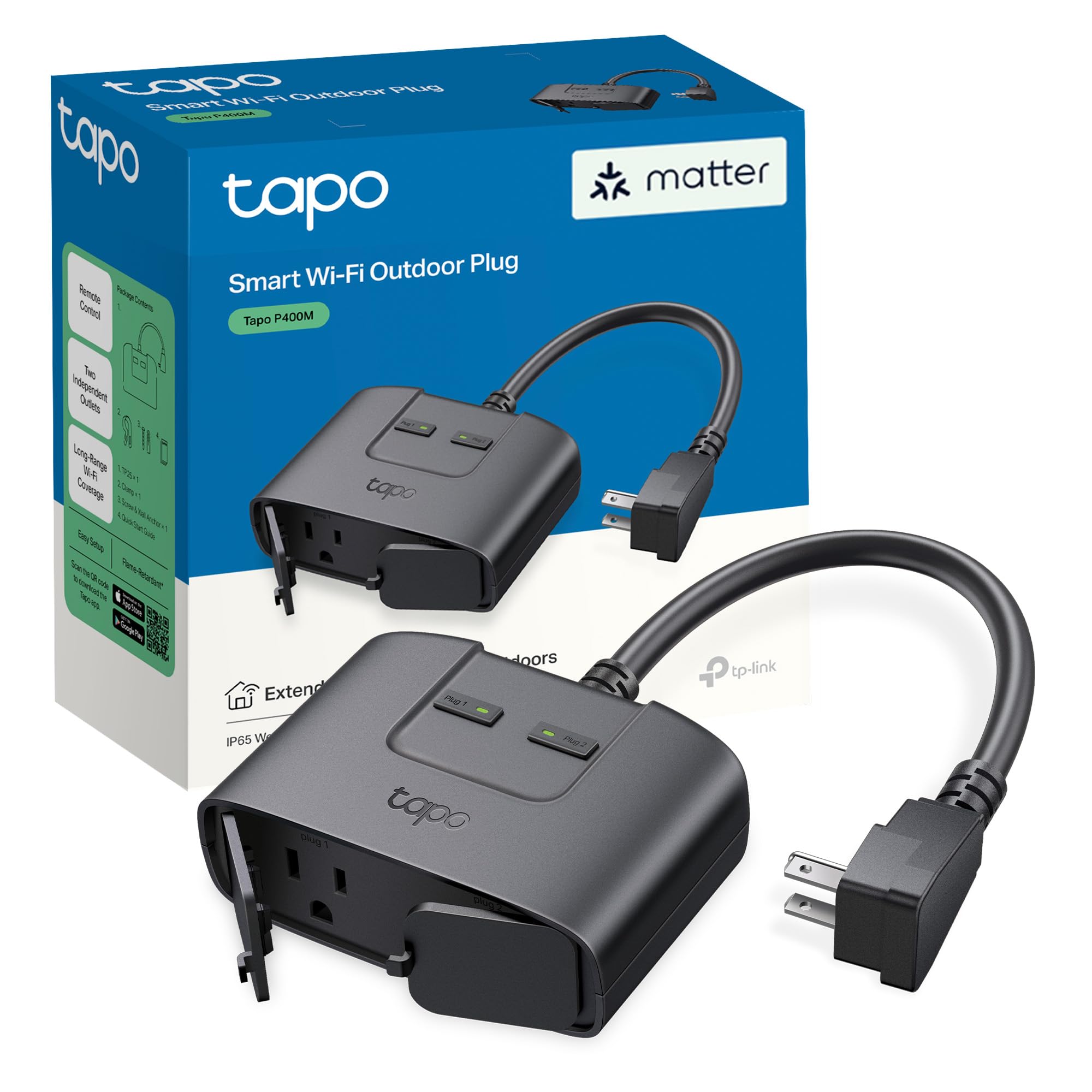 TP-Link Tapo Matter Outdoor Smart Plug, 2 Individual outlets, IP65 Weather Resistance, Works with Apple Home, Alexa, Google Home, Long Wi-Fi Range, 2.4G Wi-Fi Only, ETL Certified (Tapo P400M) 🍁 All In One Marketplace Canada