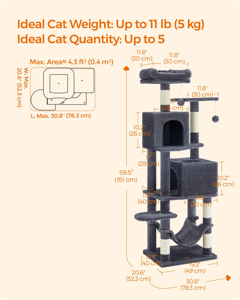 Feandrea Cat Tree Tower, 155 cm Multi-Level Cat Condo with 5 Scratching Posts, 2 Perches, 2 Caves, Hammock, 2 Pompoms, Smoky Gray UPCT192G01 🍁 All In One Marketplace Canada
