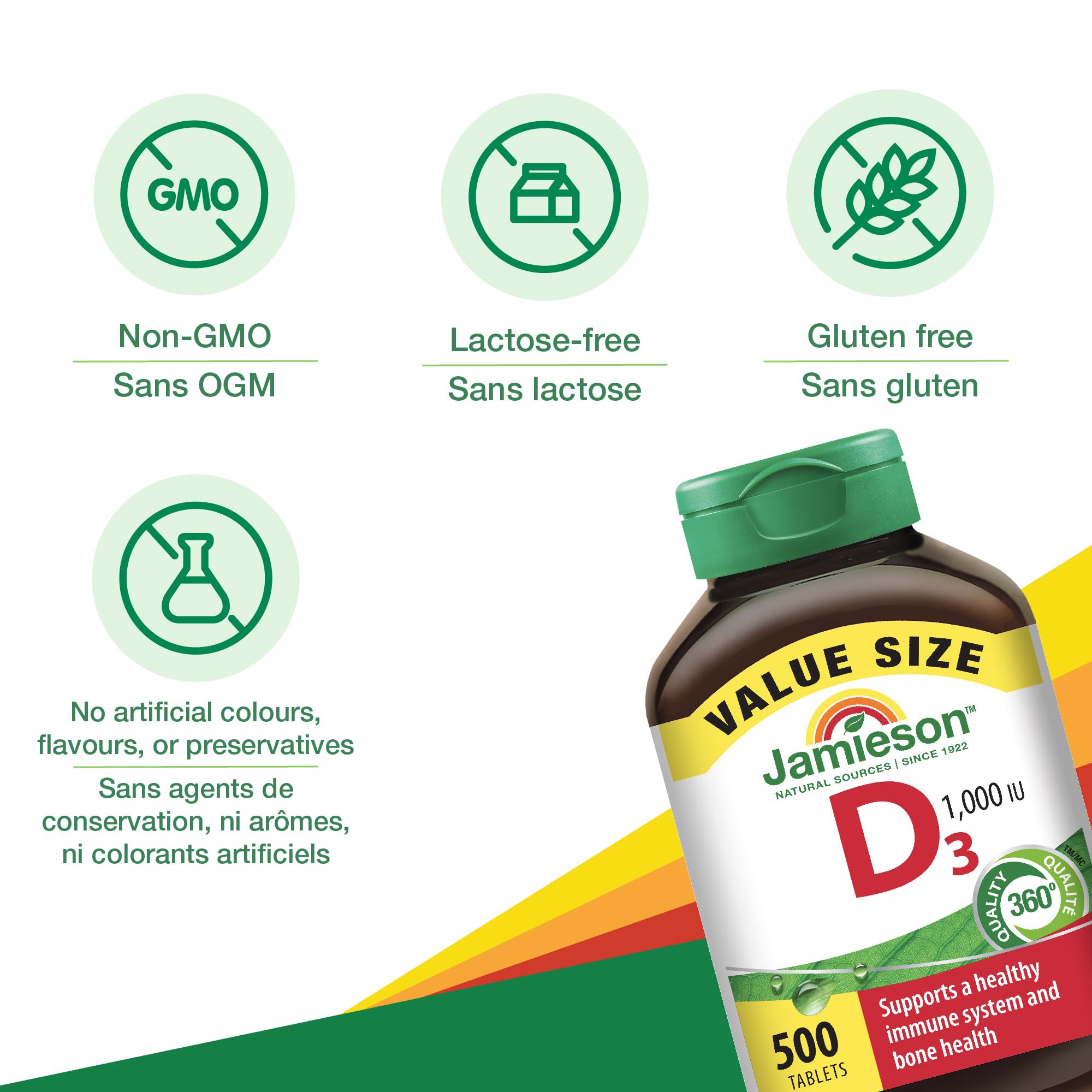 Jamieson Vitamin D3 1,000 IU Tablets, Supports Immune Health, Strong Bones, and Teeth, Enhances Calcium and Phosphorus Absorption. Vegetarian, Non-GMO, Gluten-Free, One Per Day, 500 Count, Proudly Canadian 🍁 All In One Marketplace Canada