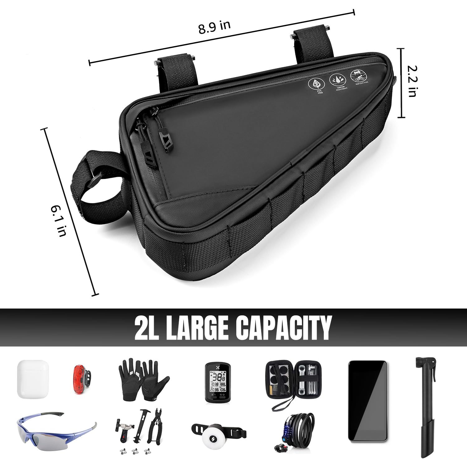 WOTOW Bike Frame Storage Bag, Water Resistant Cycling Reflective Triangle Handlebar Top Tube Bag Under Seat Pouch Strap-On Adjustable Install Position Tool Accessories Pack for Mountain Road Bike 🍁 All In One Marketplace Canada