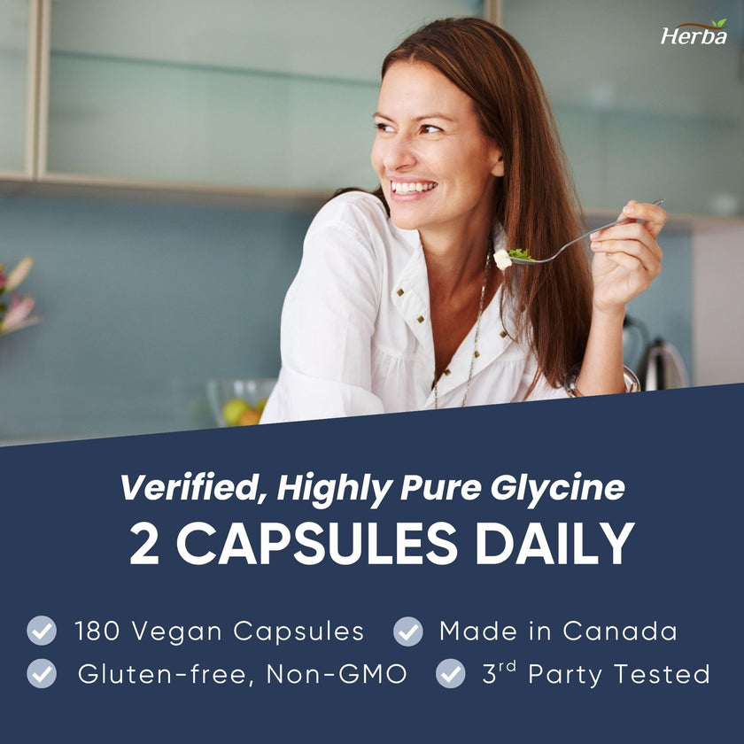 Herba Glycine Supplement 750mg - 180 Capsules | >99% Ultra Pure Glycine Capsules | Free-form Proteinogenic Amino Acids Supplements | Made in Canada 🍁 All In One Marketplace Canada