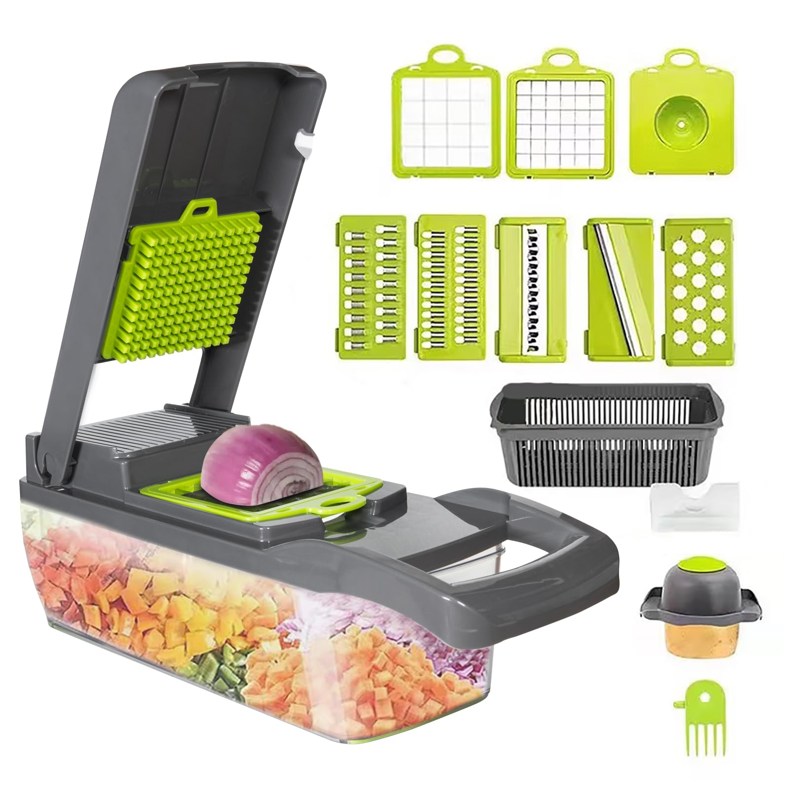 Vegetable Chopper Cutter Slicer Multifunctional 13-in-1 Food Veggie Onion Potato Fruit Chopper Cutter Dicer with Container, 8 Interchangable Blades, Hand Protector, Drain Strainer, Cleaning Brush 🍁 All In One Marketplace Canada