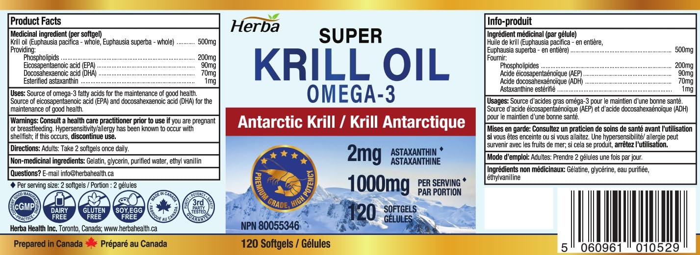 Herba Krill Oil Omega 3 Supplements - 120 Softgels | 1000mg of Antarctic Krill Oil Per Day (2 softgels 500mg each) | Source of Omega 3 Fatty Acids | High Astaxanthin | Premium Grade - 500mg per Soft Gel | Made in Canada 🍁 All In One Marketplace Canada