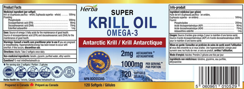 Herba Krill Oil Omega 3 Supplements - 120 Softgels | 1000mg of Antarctic Krill Oil Per Day (2 softgels 500mg each) | Source of Omega 3 Fatty Acids | High Astaxanthin | Premium Grade - 500mg per Soft Gel | Made in Canada 🍁 All In One Marketplace Canada