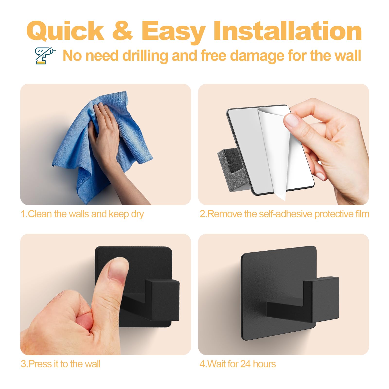 PMMASTO Black 4 Pack Self Adhesive Wall Hooks for Hanging, Stick On Wall Hanger Hook for Shower, Robe, Hat - Aluminium 🍁 All In One Marketplace Canada