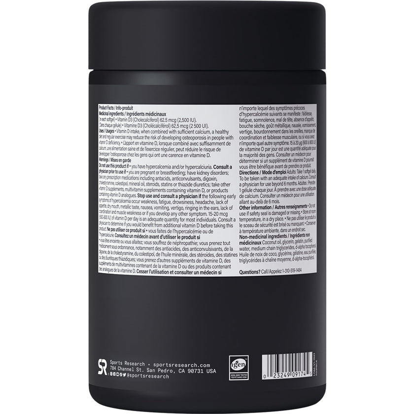 Sports Research® Vitamin D3 2500 IU with Coconut MCT Oil - High Potency Vitamin D Supplement for Immune & Bone Support - Non-GMO Verified, Gluten & Soy Free – 62.5mcg, 360 Liquid Softgels 🍁 All In One Marketplace Canada