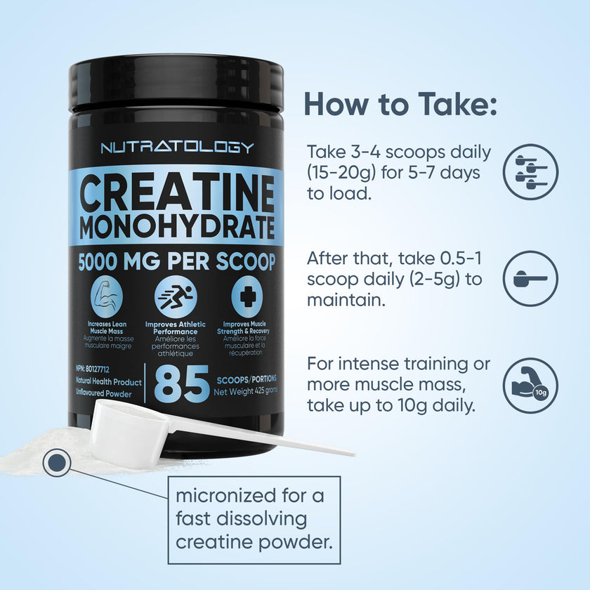Pure Micronized Creatine Dissolves Easily | Creatine Monohydrate Powder 425g - For Increased Muscle Growth & Performance - Supports Athletic Performance - Creatine Powder for Workouts - 85 Servings 🍁 All In One Marketplace Canada