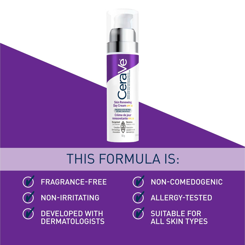 CeraVe Skin Renewing Day Cream SPF 30, Anti-aging Daily Moisturizing Cream with Encapsulated Retinol, Ceramides & Hyaluronic Acid, Fragrance Free, Recommended by Dermatologists, 50g 🍁 All In One Marketplace Canada