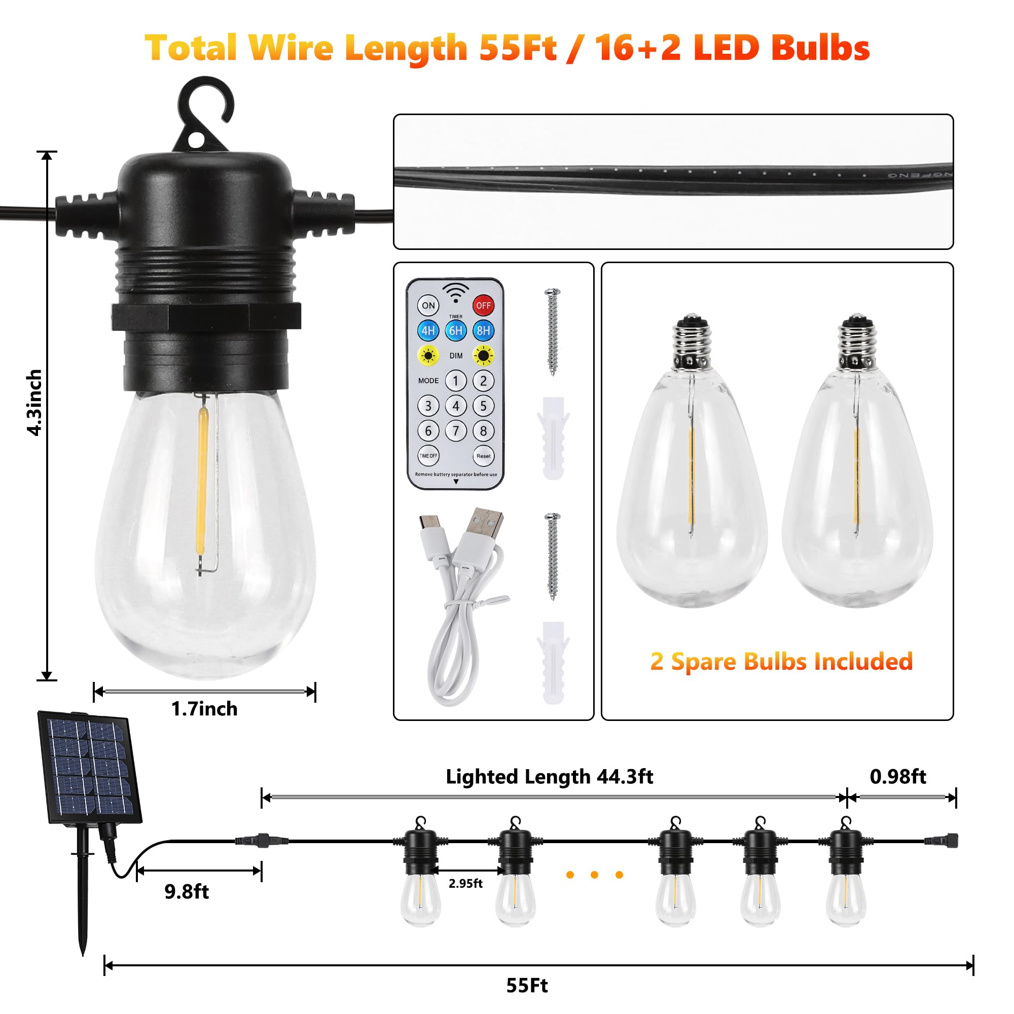 Joomer Solar String Lights Outdoor, 55FT S14, 16+2 Bulbs (2700K,Warm White) 🍁 All In One Marketplace Canada