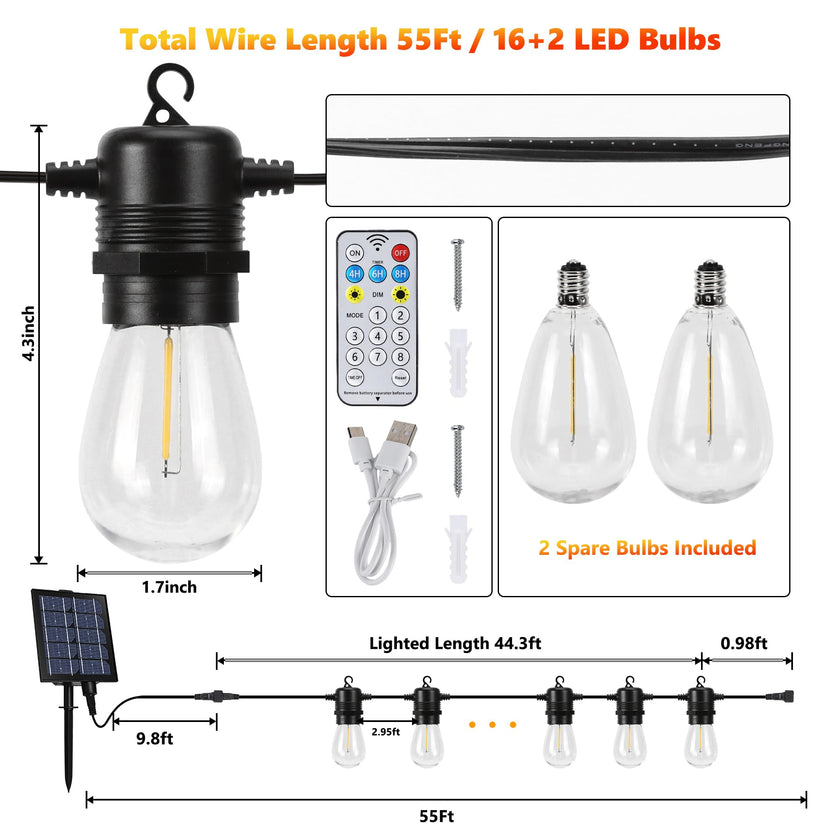 Joomer Solar String Lights Outdoor, 55FT S14, 16+2 Bulbs (2700K,Warm White) 🍁 All In One Marketplace Canada