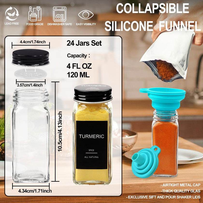 AISIPRIN 24 Pcs Glass Spice Jars with 398 Labels, 4oz Empty Square Containers Seasoning Bottles - Shaker Lids, Funnel, Brush and Marker Included(Black Metal Caps) 🍁 All In One Marketplace Canada