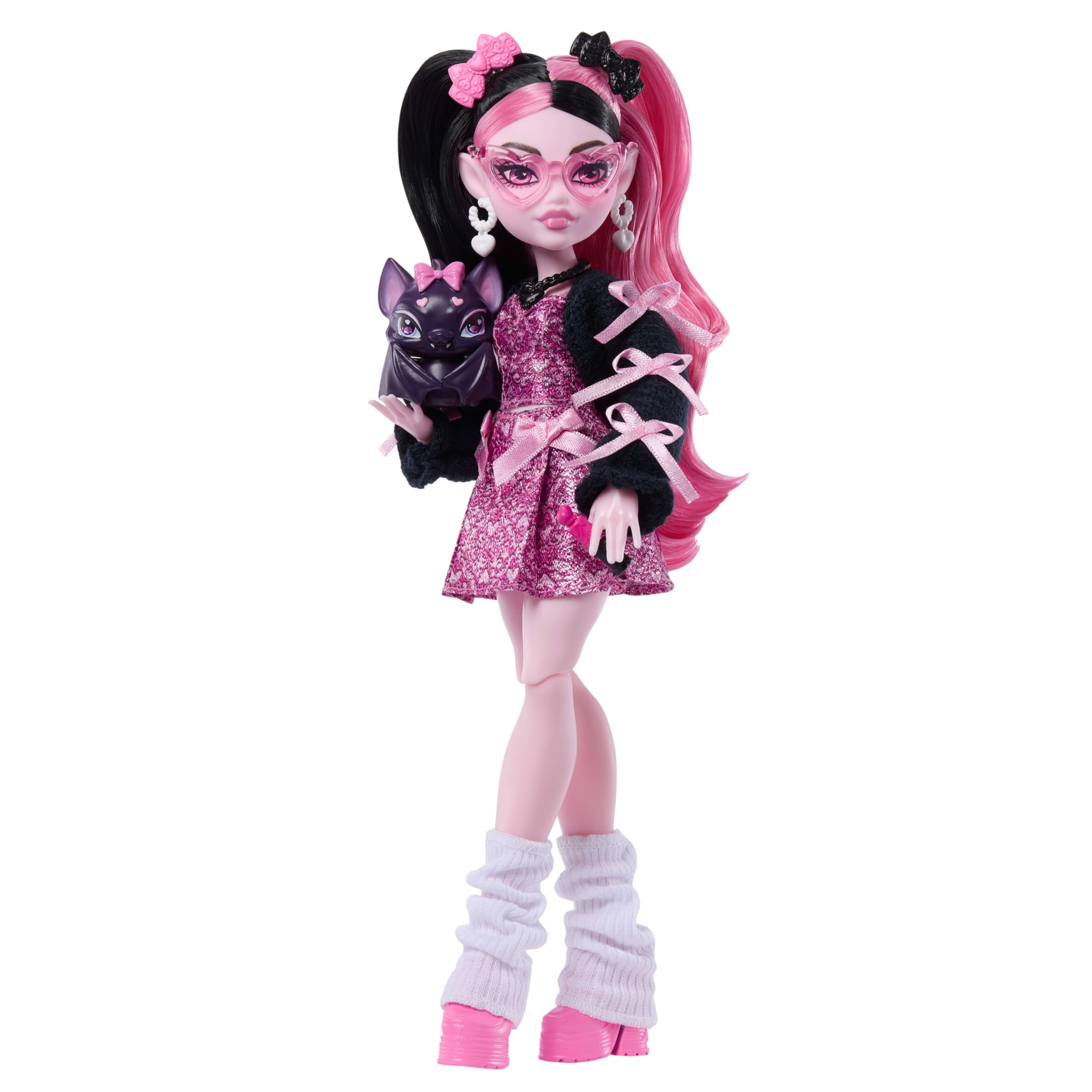 Monster High Doll, Draculaura in Pink Bow Dress and Black Cardigan with Pet Bat Count Fabulous and 7 Accessories Like Ramen, Lipstick and Purse 🍁 All In One Marketplace Canada