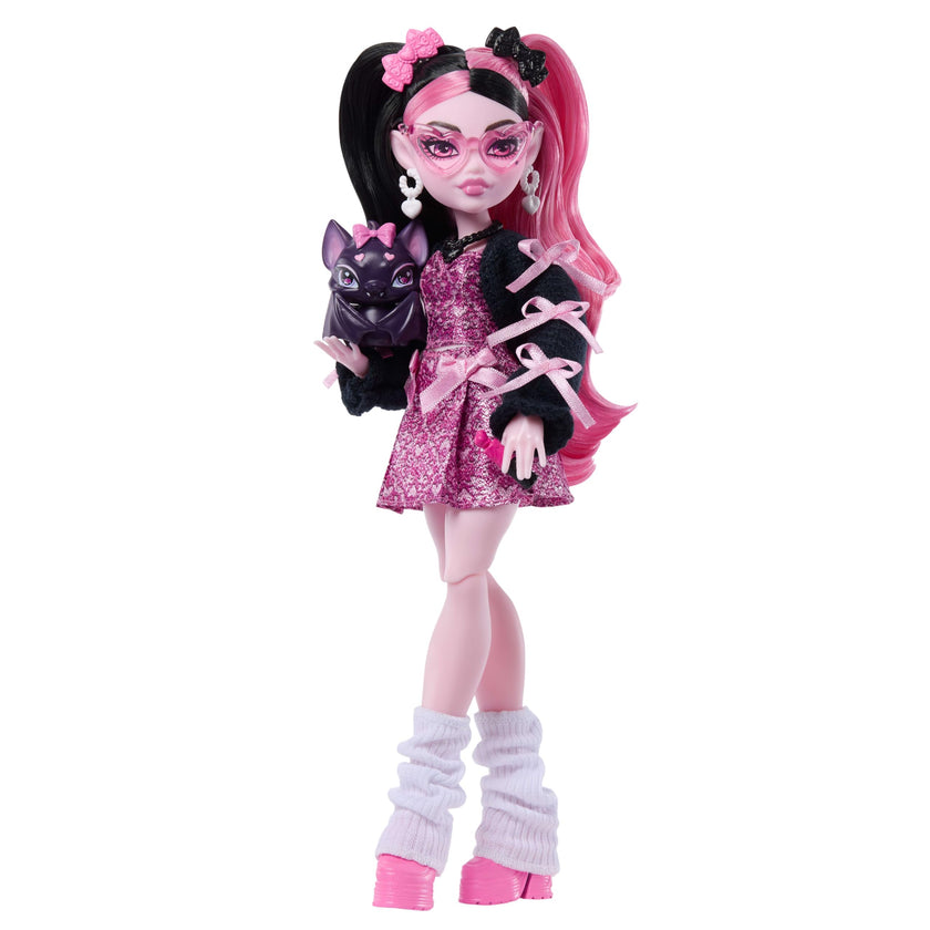 Monster High Doll, Draculaura in Pink Bow Dress and Black Cardigan with Pet Bat Count Fabulous and 7 Accessories Like Ramen, Lipstick and Purse 🍁 All In One Marketplace Canada