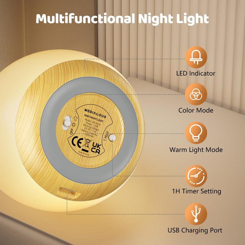 Night Lights for Kids, MediAcous Baby Night Light with 7 Colors Changing & Dimming Function, Rechargeable Kids Night Light with 1 Hour Timer & Touch Control, Up to 100H, Wood Grain 🍁 All In One Marketplace Canada