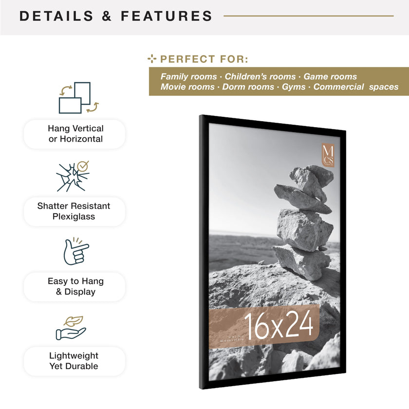 MCS Everline Collection 16x24 Poster Frame Black, Vertical & Horizontal Wall Hanging Large Picture Frame for Photos, Posters & Art Prints (1-Pack) 🍁 All In One Marketplace Canada